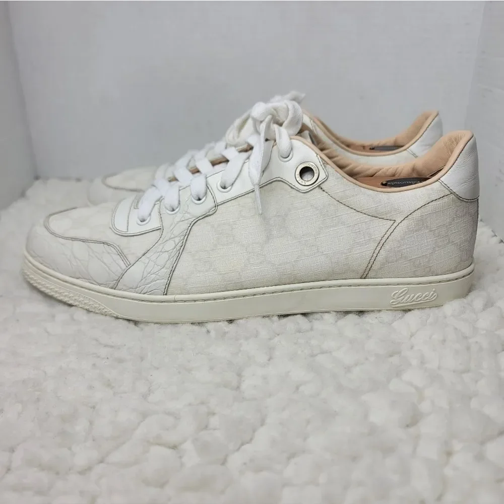 Gucci GG  Leather Low Top Sneakers White Croc Embossed Leather Mens 10 Italy